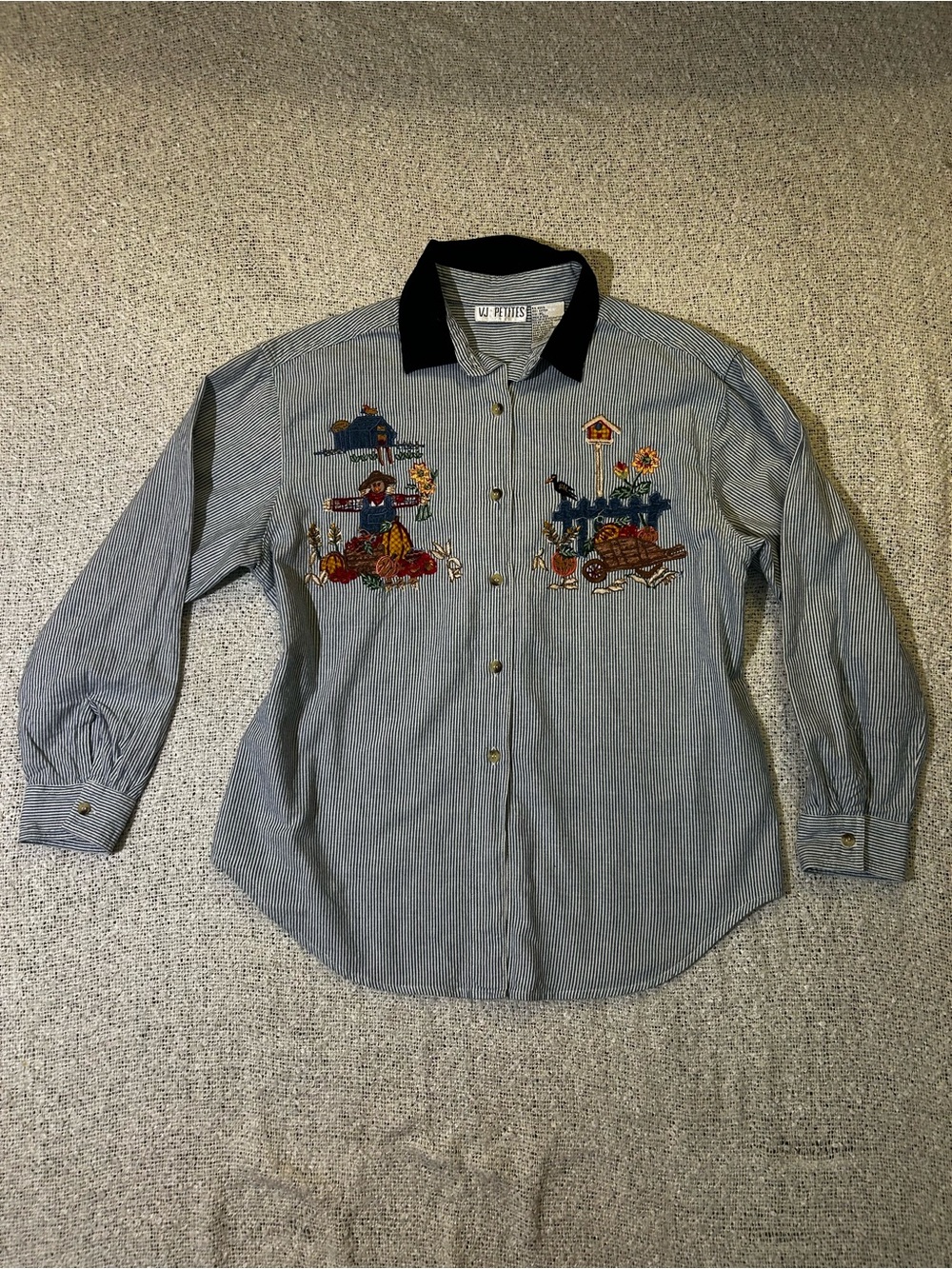 Vintage VJ Petites striped denim button down with embroidered fall scene size PL